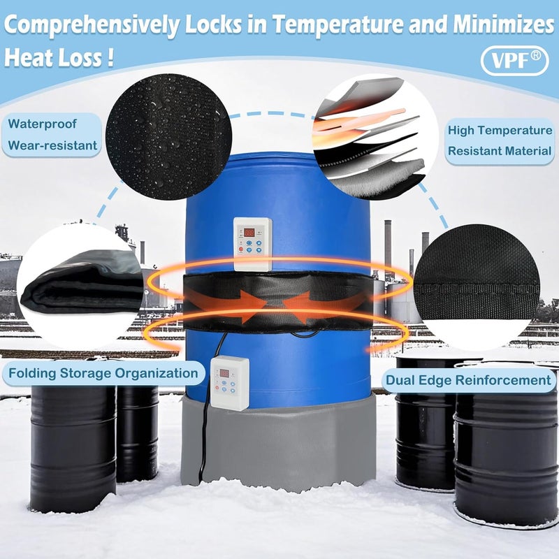 VPF Industrial 55-Gallon Barrel Heater with 0-212℉ Adjustable Thermostat, 1200W Waterproof Drum Heater Blanket for Metal Barrels & Propane Tanks, 24H Timer, UL/FCC Certified Energy-Saving Heating System - Image 2